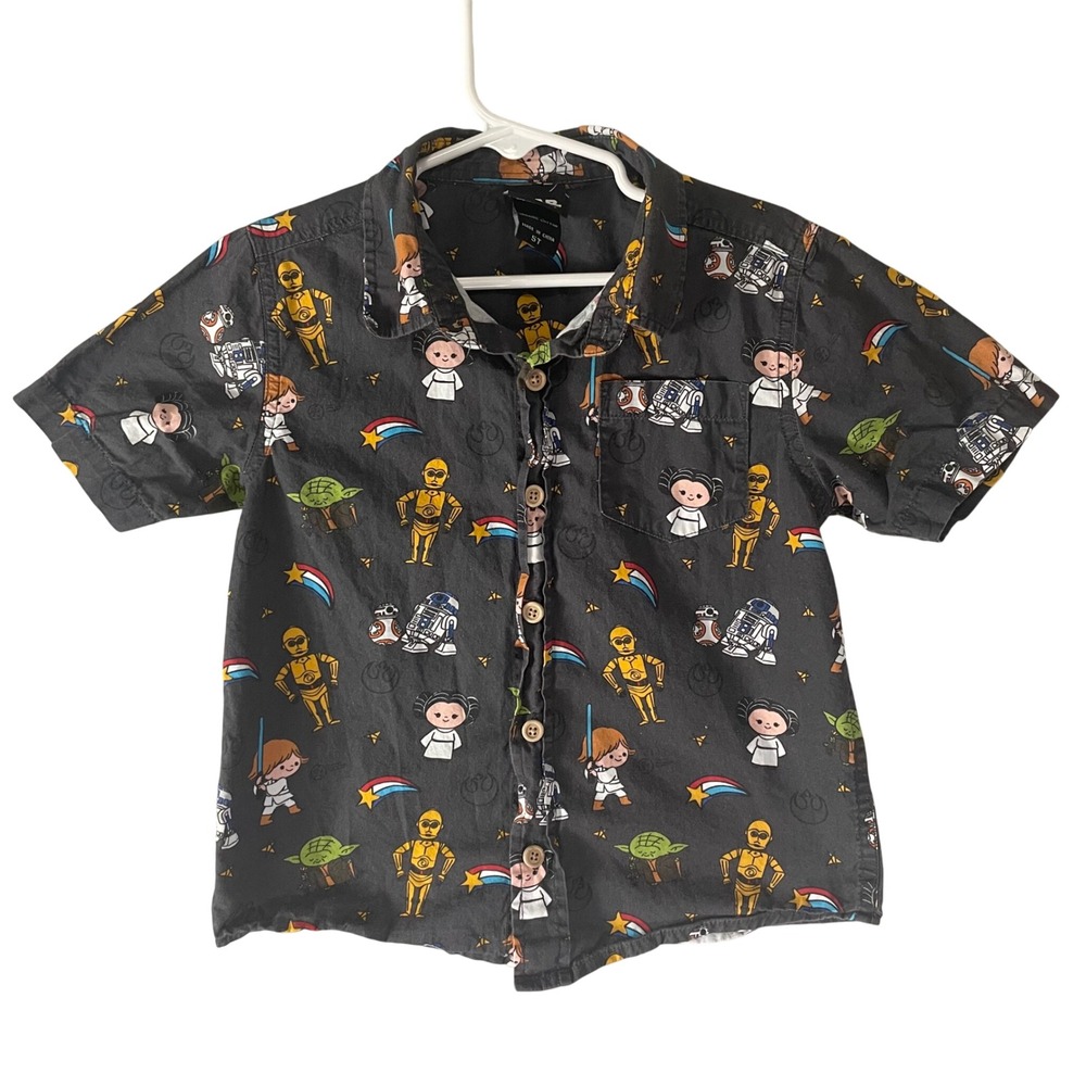 Star Wars Kids 5T Button Shirt Chibi Character Print Organic Cotton Short